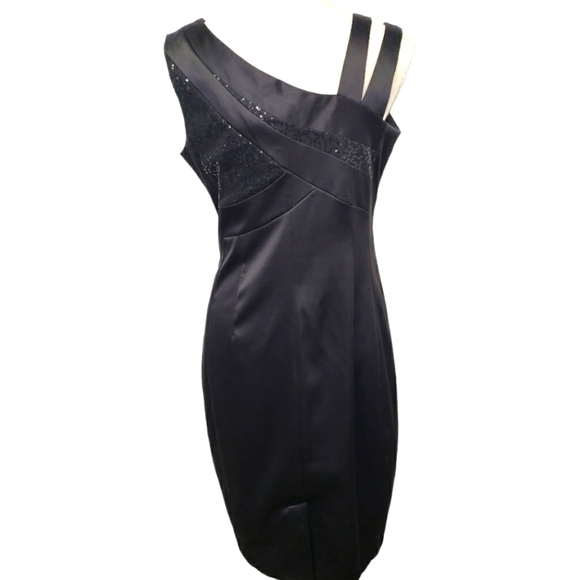 Sangria Cocktail Dress Asymetrical Neckline Bandage Spandex 10 Black Sequins EUC - Picture 6 of 12